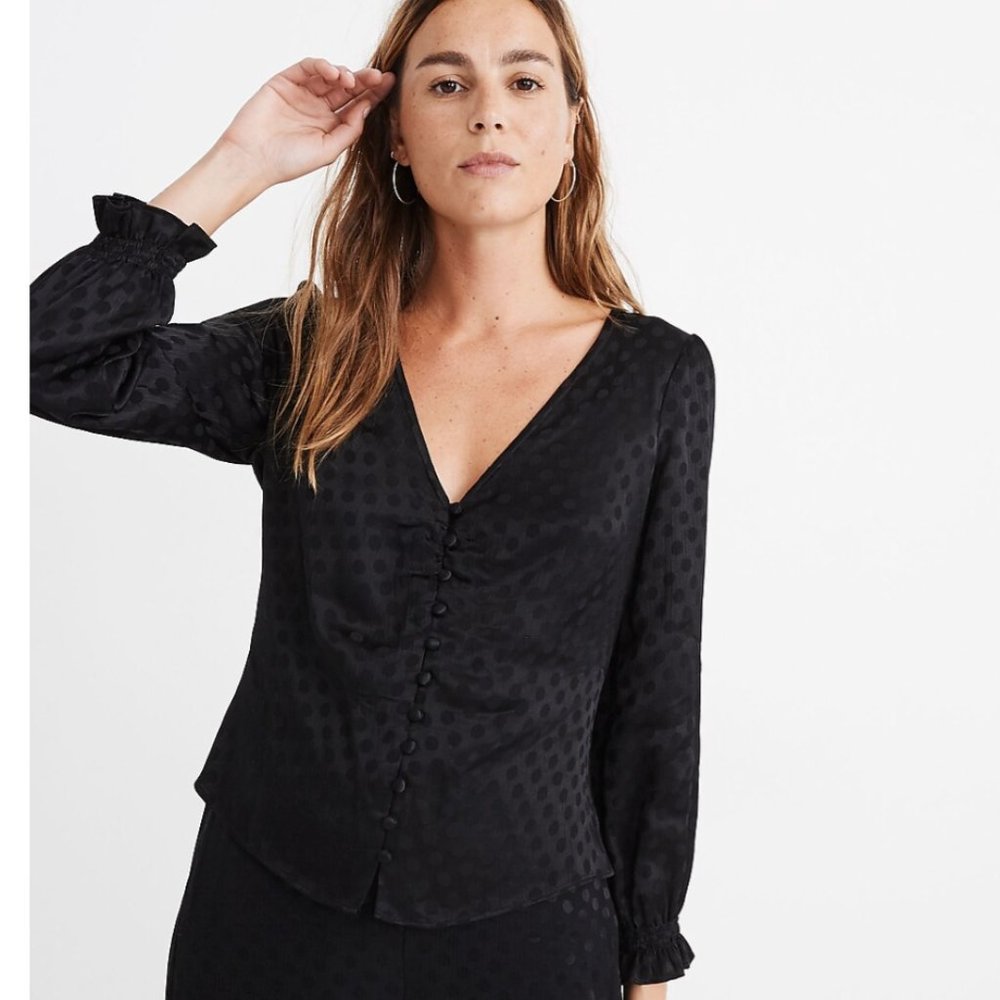 NWT Madewell Smocked-Sleeve Daylight Top in Woven Dot Black